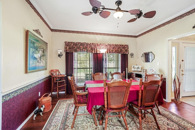 104 Fm 2450, Krum, TX 76249 - dining room featuring ceiling fan, ornamental molding, wood finished floors, and wainscoting