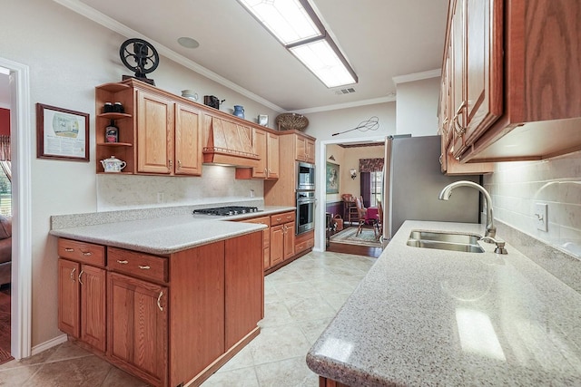 104 Fm 2450, Krum, TX 76249 - kitchen featuring a sink, stainless steel appliances, crown molding, backsplash, and open shelves
