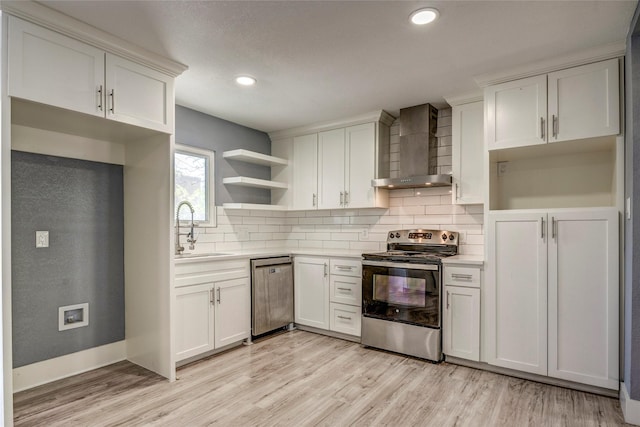 110 Pine St, Weatherford, TX 76086 - kitchen featuring wall chimney range hood, backsplash, open shelves, stainless steel appliances, and a sink