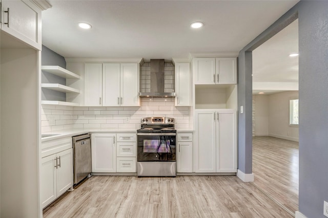 110 Pine St, Weatherford, TX 76086 - kitchen with stainless steel appliances, tasteful backsplash, wall chimney exhaust hood, and open shelves