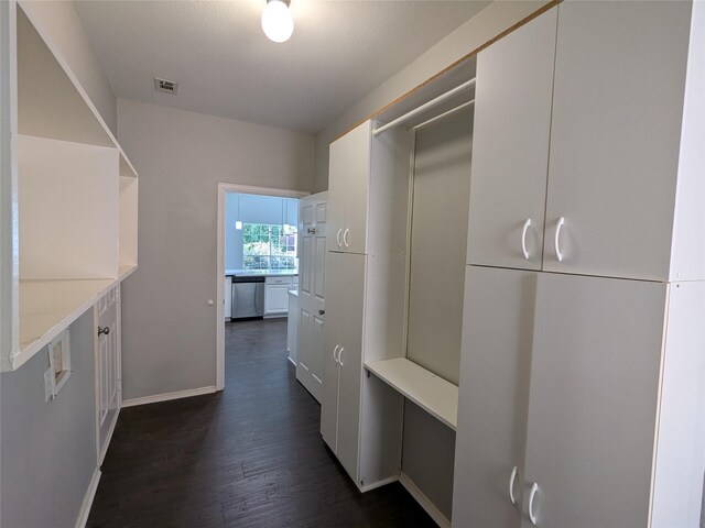 spacious closet featuring dark wood-type flooring and visible vents