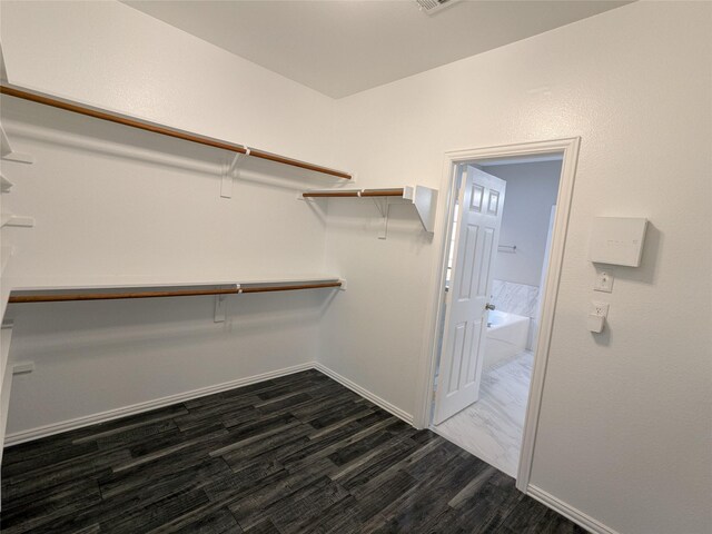 spacious closet with dark wood finished floors