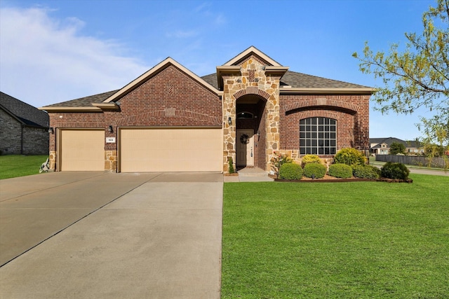 525 Northwood Dr, Oak Point, TX 75068 - view of front of house with a front lawn, concrete driveway, a garage, stone siding, and brick siding