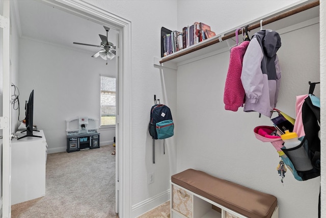 525 Northwood Dr, Oak Point, TX 75068 - mudroom with ceiling fan, carpet floors, and baseboards