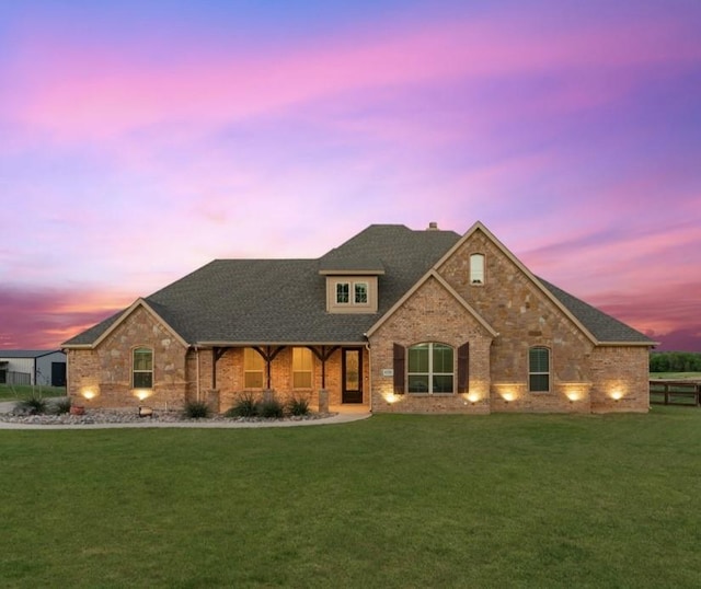8370 Old Springtown Rd, Springtown, TX 76082 - view of front of home with brick siding, a chimney, a front yard, and roof with shingles