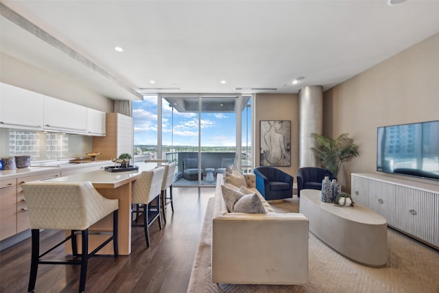 2408 Victory Park Ln Unit 1031, Dallas, TX 75219 - living room with expansive windows, recessed lighting, and dark wood-type flooring
