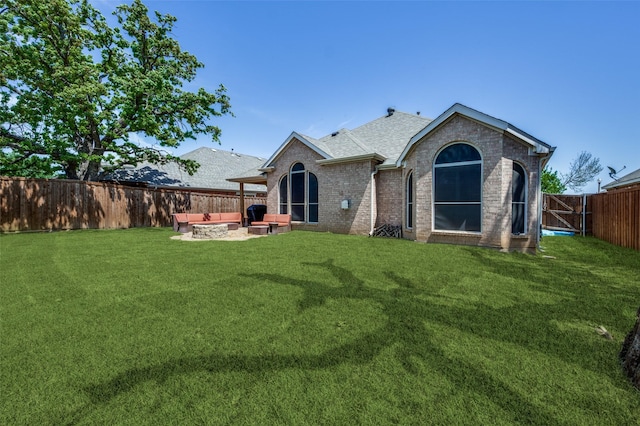 6828 Crenshaw Ln, Denton, TX 76210 - back of house with an outdoor hangout area, brick siding, a shingled roof, and a patio area