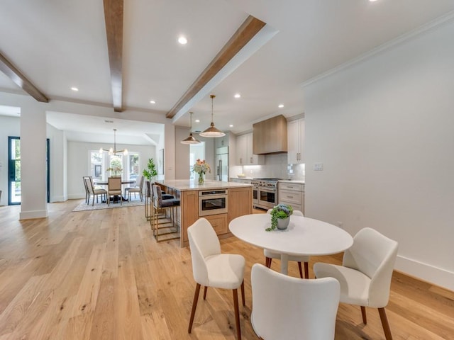 6909 Middle Cove Dr, Dallas, TX 75248 - dining room with beamed ceiling, baseboards, recessed lighting, and light wood finished floors