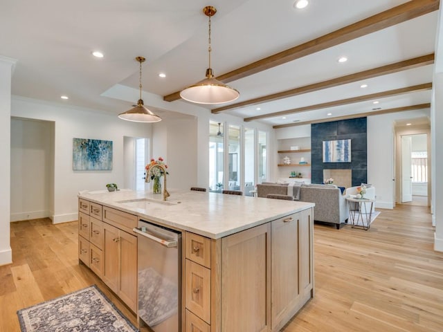 6909 Middle Cove Dr, Dallas, TX 75248 - kitchen featuring stainless steel dishwasher, light brown cabinets, a sink, and a healthy amount of sunlight
