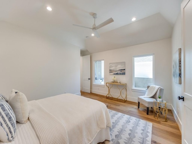 6909 Middle Cove Dr, Dallas, TX 75248 - bedroom featuring light wood-type flooring, a ceiling fan, vaulted ceiling, recessed lighting, and baseboards