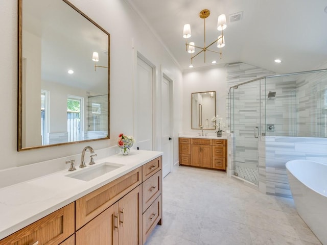 6909 Middle Cove Dr, Dallas, TX 75248 - full bathroom with an inviting chandelier, visible vents, a sink, and a stall shower