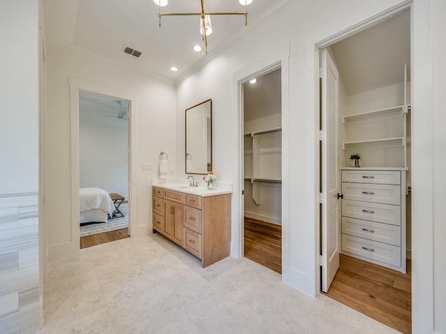 6909 Middle Cove Dr, Dallas, TX 75248 - full bath featuring vanity, ensuite bath, a spacious closet, ornamental molding, and visible vents