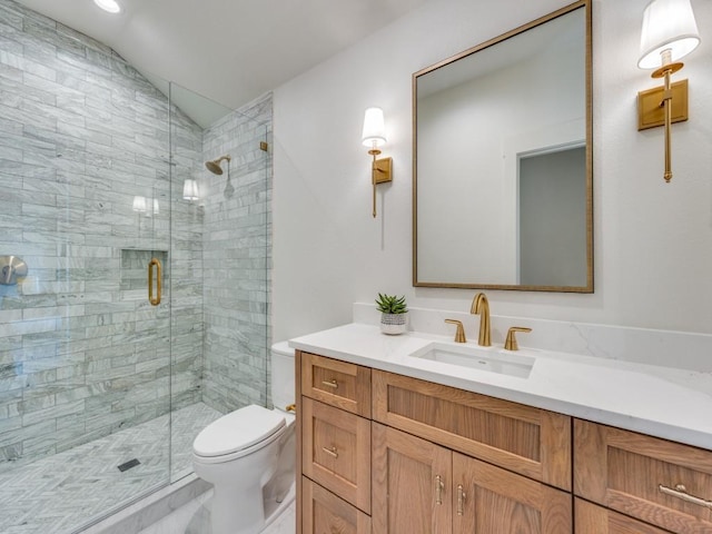 6909 Middle Cove Dr, Dallas, TX 75248 - full bath with toilet, a shower stall, vanity, and lofted ceiling