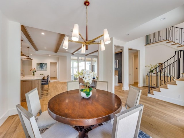 6909 Middle Cove Dr, Dallas, TX 75248 - dining room with baseboards, light wood-style floors, beamed ceiling, recessed lighting, and stairway