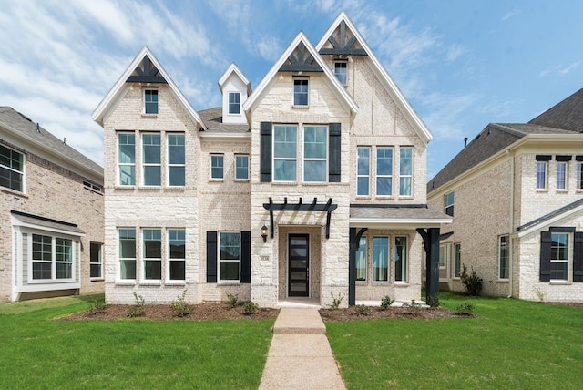 craftsman inspired home with a front lawn and a pergola