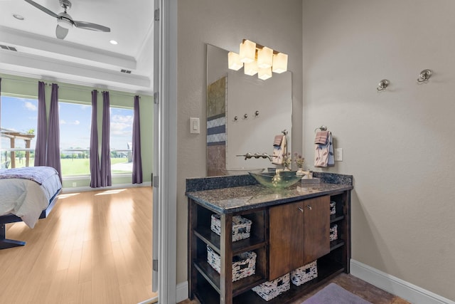 bathroom with a raised ceiling, wood finished floors, vanity, baseboards, and ceiling fan
