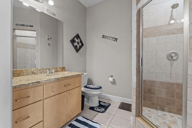 bathroom featuring toilet, tile patterned flooring, and a stall shower