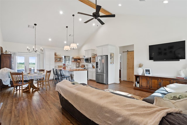 living area with recessed lighting, dark wood-style floors, beam ceiling, high vaulted ceiling, and ceiling fan with notable chandelier