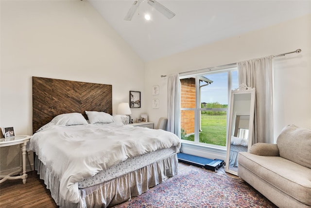 bedroom with high vaulted ceiling, ceiling fan, and wood finished floors