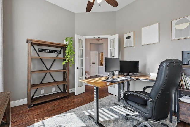1057 Canterbury Ln, Forney, TX 75126 - office with wood finished floors, a ceiling fan, french doors, baseboards, and lofted ceiling