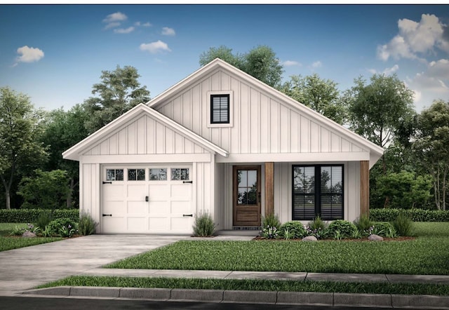 modern farmhouse style home with an attached garage, board and batten siding, and driveway