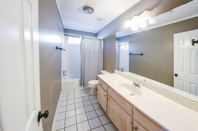 bathroom featuring visible vents, toilet, crown molding, vanity, and tile patterned flooring