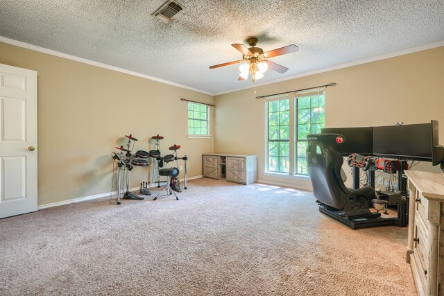 office with carpet, visible vents, ornamental molding, and ceiling fan