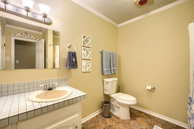 full bathroom featuring a textured ceiling, tasteful backsplash, vanity, toilet, and baseboards