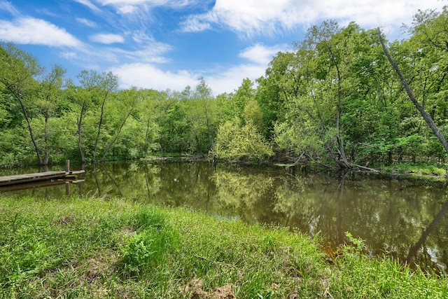 view of landscape featuring a forest view and a water view