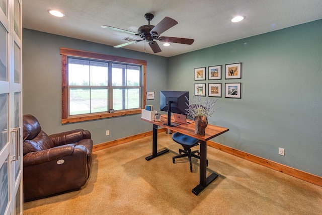 carpeted home office with baseboards, a ceiling fan, and recessed lighting