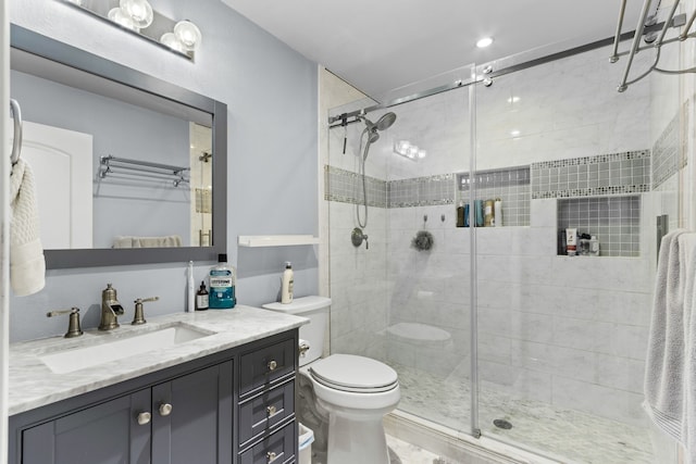 2113 Victoria Rd, Carrollton, TX 75007 - bathroom with a shower stall, toilet, and vanity