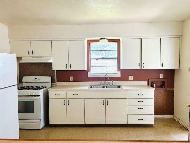 kitchen featuring a sink, light countertops, white appliances, under cabinet range hood, and white cabinetry