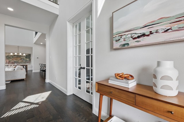1304 S Pecan Pkwy, Northlake, TX 76247 - interior space featuring french doors, baseboards, dark wood-style floors, an inviting chandelier, and recessed lighting
