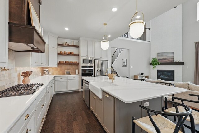 1304 S Pecan Pkwy, Northlake, TX 76247 - kitchen with open shelves, dark wood-type flooring, wall chimney exhaust hood, a sink, and stainless steel appliances