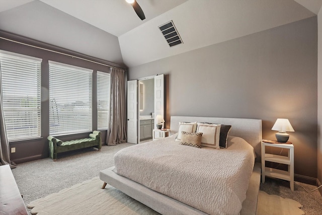 1304 S Pecan Pkwy, Northlake, TX 76247 - bedroom featuring visible vents, a ceiling fan, vaulted ceiling, and carpet