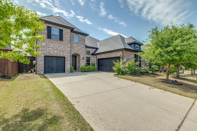 view of front of home with roof with shingles, driveway, a front yard, brick siding, and fence