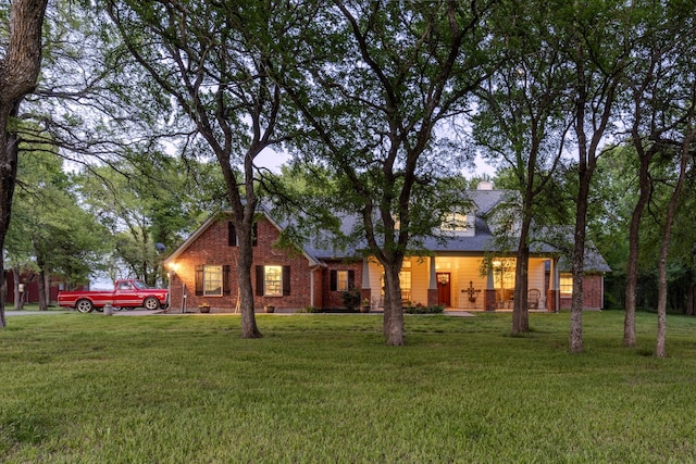 back of house featuring brick siding and a lawn