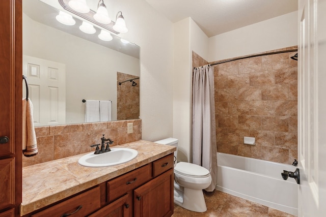 bathroom featuring tasteful backsplash, shower / bath combination with curtain, toilet, vanity, and tile patterned floors