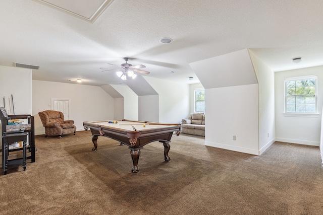 rec room featuring a wealth of natural light, pool table, carpet, and visible vents