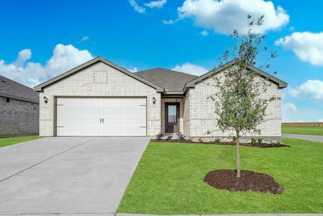 ranch-style house with brick siding, concrete driveway, a front yard, an attached garage, and roof with shingles