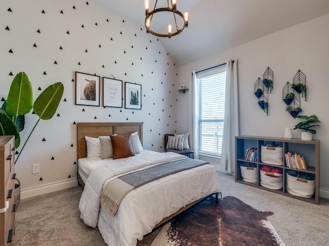 bedroom with carpet floors, baseboards, high vaulted ceiling, and an inviting chandelier