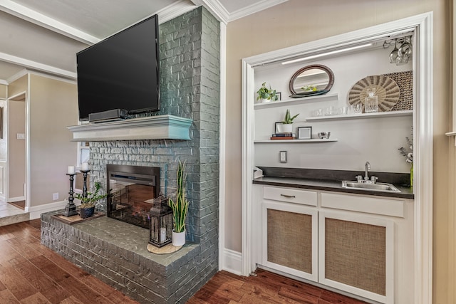 living area featuring crown molding, dark wood-type flooring, a fireplace, and indoor wet bar