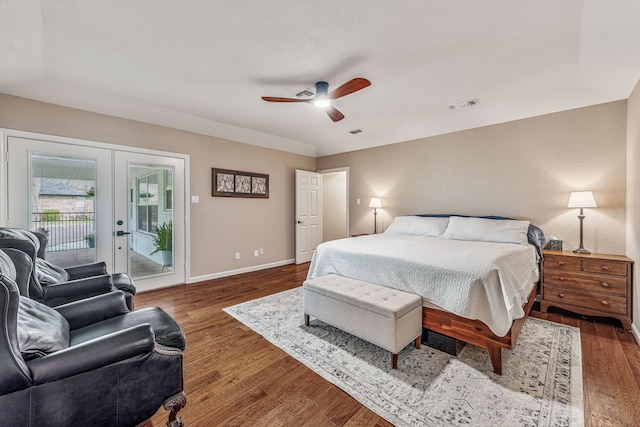 bedroom with baseboards, french doors, visible vents, access to exterior, and wood finished floors