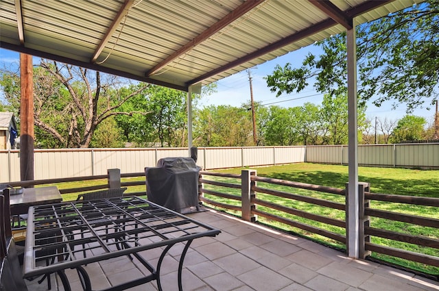 view of patio featuring area for grilling, a fenced backyard, and outdoor dining area