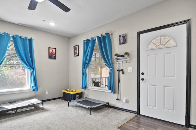 foyer entrance with baseboards, a ceiling fan, and wood finished floors