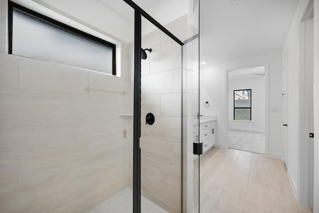 1525 Ginger Ln, Argyle, TX 76226 - bathroom featuring a stall shower, vanity, and baseboards