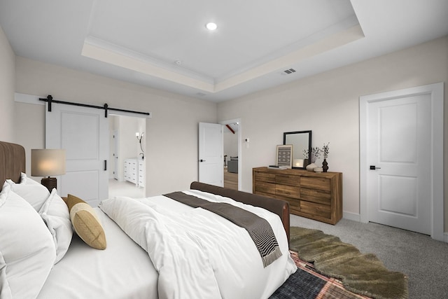 763 Emerald Hts, Lavon, TX 75166 - bedroom featuring a barn door, a raised ceiling, light carpet, and baseboards