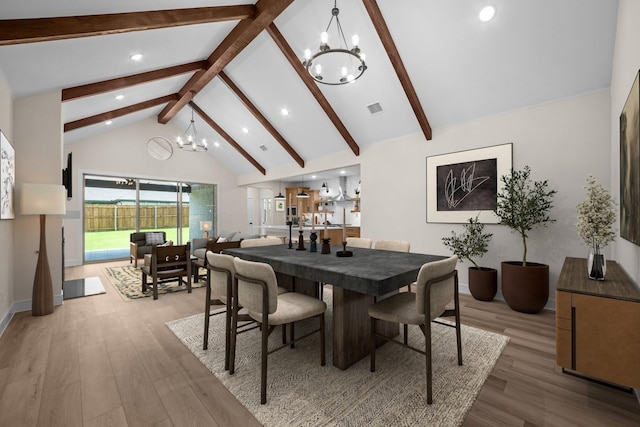 763 Emerald Hts, Lavon, TX 75166 - dining area featuring a chandelier, beamed ceiling, light wood finished floors, high vaulted ceiling, and recessed lighting
