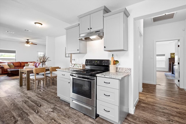 500 E Criner St, Grandview, TX 76050 - kitchen with visible vents, stainless steel range with electric stovetop, under cabinet range hood, and dark wood-type flooring