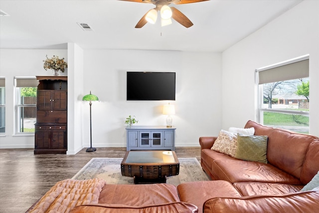 500 E Criner St, Grandview, TX 76050 - living room featuring wood finished floors, visible vents, ceiling fan, and a healthy amount of sunlight